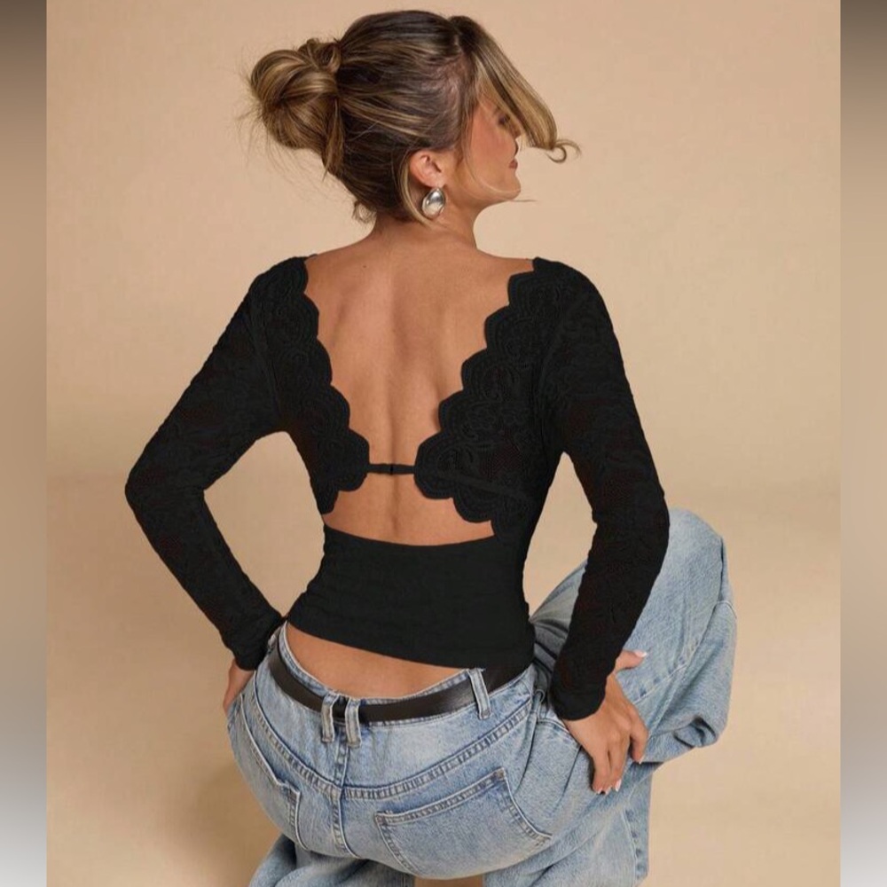 Black Lace Open-Back Long Sleeve Top